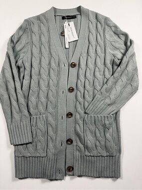 MEROKEETY Gray Cable Knit Grandpa Cardigan Sweater NWT L Pockets Fisherman Knit